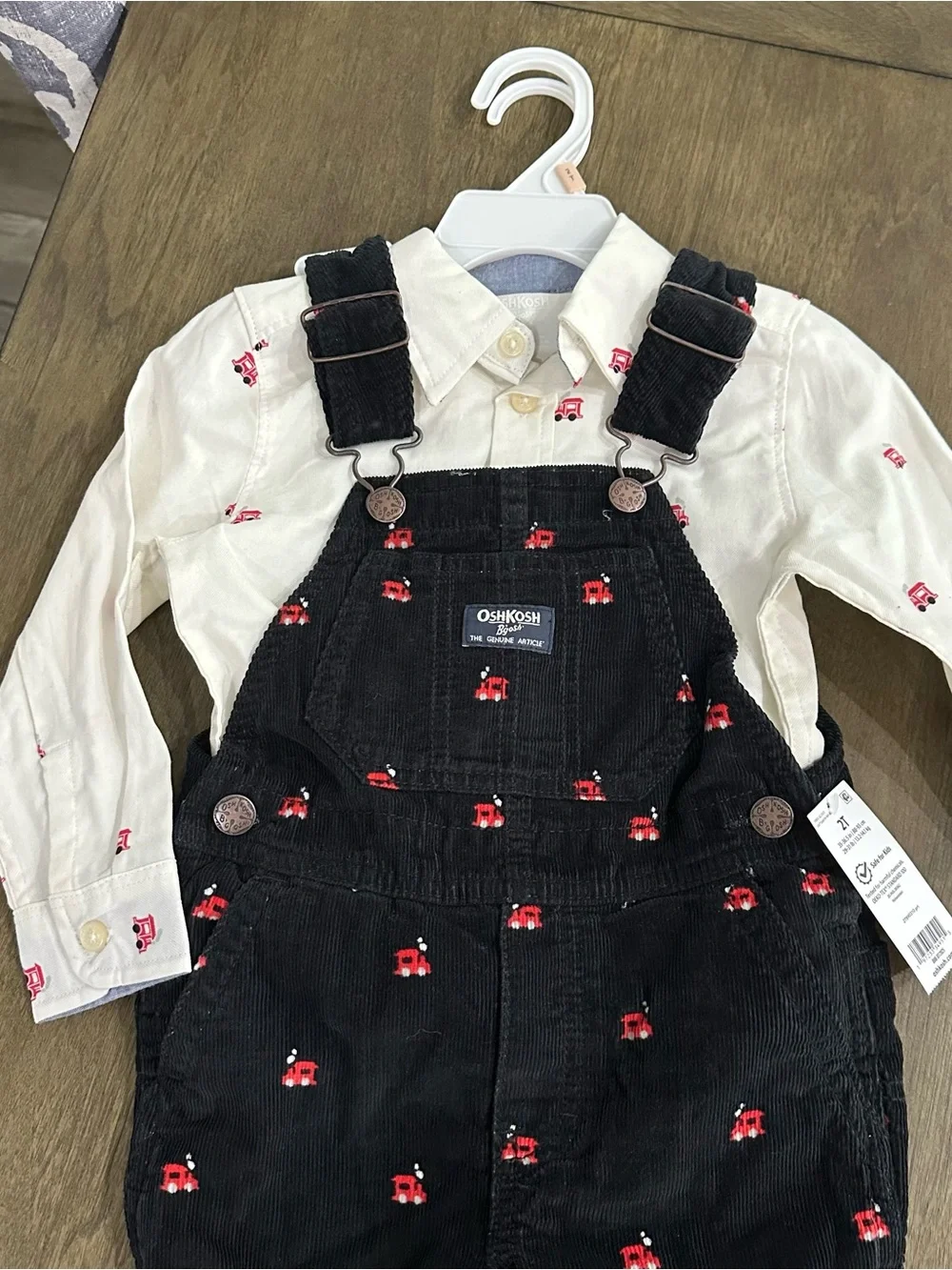 NWT OshKosh B'gosh Black Corduroy Overalls with Red Car Embroidery